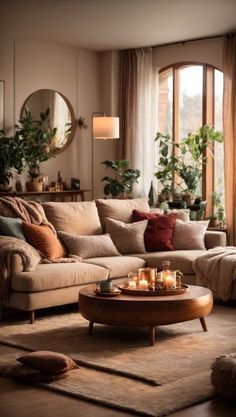 a living room filled with lots of furniture next to a large window covered in plants