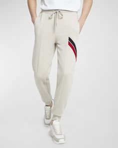 Moncler Men's Striped Fleece-Lined Sweatpants | Neiman Marcus Moncler Men, Mens Stripes, Italian Luxury, Drawstring Waistband, Top Designers, Welt Pocket, Patch Logo, Neiman Marcus, Full Length