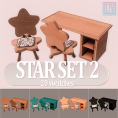 the wooden toy set includes two chairs and a desk