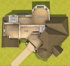 an aerial view of a house with three bedroom and two bathroom areas in the center