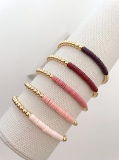 14k Gold Heishi Color Block Bracelet – georgia layne Heishi Jewelry Ideas, Everyday Stackable Heishi Beads Stretch Bracelet, Pink Heishi Beads Stretch Bracelet, Everyday Pink Heishi Beads Stretch Bracelet, Gold Stacked Heishi Beads Stretch Bracelet, Bracelet Layering Ideas, Color Combinations Bracelets, Sliver Necklaces, Heishi Jewelry