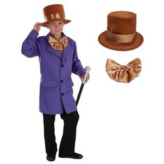 a little boy dressed up in a purple suit and top hat with a bow tie