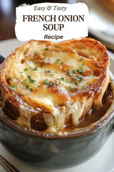 a french onion soup in a bowl on a plate