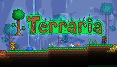 terraria title screen from the game, with an image of animals and trees in the background