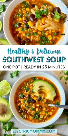 This hearty Southwest Soup is packed with black beans, corn, orzo, and bold spices, all simmered in a flavorful broth with fresh lime and cilantro. Easy, delicious and ready in 25 minutes! #onepotrecipes #easysouprecipes #soup #easyweeknightmeals