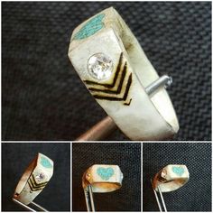 four different views of an old ring with diamonds and turquoise stones on the inside, along with other details