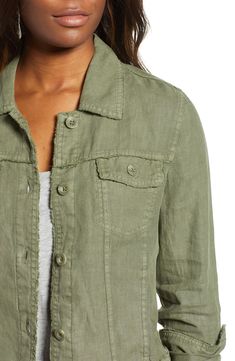 A classic trucker jacket lightens up for cooler weather in a pure linen fabrication in your choice of four versatile hues. Frayed edges add a relaxed, well-worn look. 22" length (size Medium) Front button closure Spread collar Button cuffs Chest button-flap pockets; front on-seam pockets Adjustable button tabs at waistband 100% linen Dry clean or machine wash, line dry Imported Tea Leaf, Cooler Weather, Trucker Jacket, Pure Linen, Tommy Bahama, Raw Edge, Top Brands, Dry Clean, Nordstrom