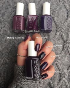 @essieyall via Instagram: Dark purple comparison!! 🔮💜 Sights on Nightlights is the darkest purple I own, however, Hazy Daze is nearly just as dark on me. Hazy Daze… Eggplant Nail Polish, Dark Purple Pedicure, Dark Violet Nails, Nail Polish Color Names, Deep Purple Nail Polish, Irridescent Nails, Dark Purple Nail Polish, Purple Pedicure, Boston 2023