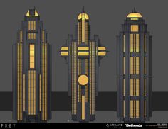 three tall buildings with lights on them in the middle of a dark room, one is yellow and the other is black