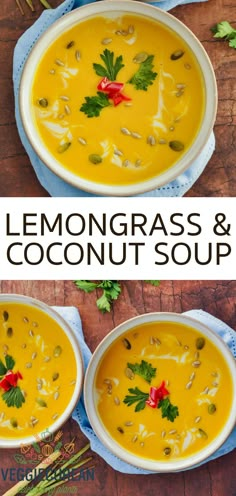 two bowls filled with lemongrass and coconut soup