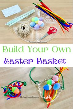 an easter basket made out of plastic eggs and yarn with the words build your own easter basket