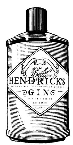 an ink drawing of a bottle of henderick's gin, vintage line drawing or engraving