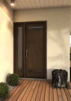 a wooden door sitting on the side of a white wall next to a potted plant