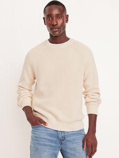 crew neck raglan sleeves rib-knit trim pullover style relaxed fit hits at hip model is approx.  6'1" and wears size mmachine wash according to the care instruction label  . Best Holiday gift for Men , perfect Sweaters for Christmas! Holiday Gifts For Men, Perfect Cardigan, Men's Sweaters, Old Navy Men, Sweater White, Family Maternity, Thanksgiving Outfit, Outerwear Sweater, White Sweaters