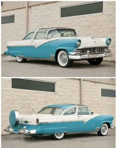 two pictures of an old blue and white car in front of a brick building with the words ford crown victoria skyliner ht 1956