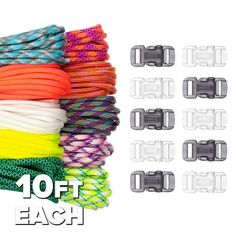 10 pairs of multicolored shoelaces with buckles on each one side