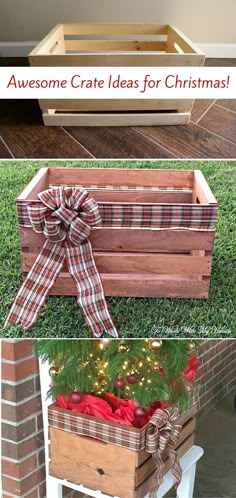 some wooden boxes with christmas decorations in them and the words, awesome crate ideas for christmas