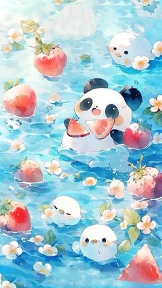 a panda bear floating in the water surrounded by strawberries and other fruit pieces,