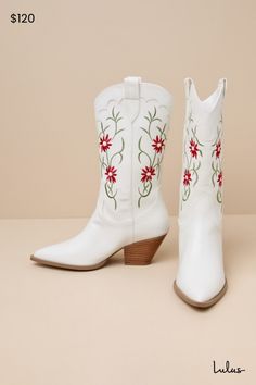 The adorable essence of the Billini Allison White Embroidered Mid-Calf Western Boots will have everyone appreciating your sweet sense of style! Smooth faux leather shapes these too-cute boots with a pointed-toe upper, a seamed vamp, and a 9.5"" mid-calf shaft with a 14"" circumference. Scalloped detailing and delicate floral embroidery accent throughout, while pull tabs at the instep and outstep of the curved topline allow for easy on-and-off. Stacked wood-look block heel. Available in whole siz Cute Boots, Heel Boots, High Heel Boots, Western Boots, Floral Embroidery, Mid Calf, High Heel, Block Heels, High Heels