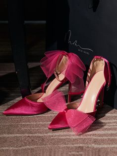 Mali Satin Bow Heels In Hot Pink – Mew Mews Fashion Pink Bow Heels, Satin Bow Heels, Pink Shoes Heels, Pink Sandals Heels, Stylish Heels, Elegant Heels, Courthouse Wedding, Bow Heels, Embellished Sandals