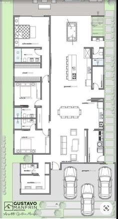 the floor plan for an apartment building with three car garages and two living areas