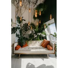 a living room filled with lots of plants and hanging lights