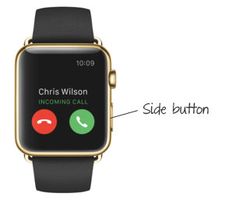 an apple watch with the call button highlighted on it's screen and description below