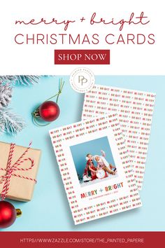 two christmas cards with the words merry and bright on them, next to some presents