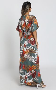 Vacay Ready Maxi Dress in Teal Floral Satin | Showpo V-neck Floral Print Maxi Dress For Beach, Flowy V-neck Beach Dress With Tropical Print, Printed V-neck Rayon Maxi Dress, Tropical V-neck Maxi Dress For The Beach, Flowy Maxi Dress For Brunch Vacation, Printed Maxi Dress For Vacation Brunch, Hawaiian V-neck Vacation Dress, Hawaiian V-neck Dresses For Vacation, Floral Print Maxi Dress For Vacation Brunch