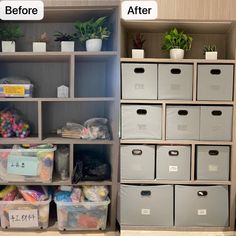 an organized closet before and after it has been filled with plastic bins, boxes, and other items