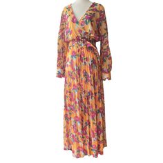 The Moon Yellow And Pink Floral Long Sleeved Maxi Dress Small Nwt Purchased From Unique Vintage - Comes With Removable Belt - V Neck - Elastic At Waist - Unlined Sheer Sleeves- Skirt Lining Reaches To About Right Above Knees (I'm 5'3") - Buttons At Cuffs Condition: New With Tags Material: 100% Polyester Size: Small Approx. Measurements: (Taken While Garment Is Lying Flat. Measurements Already Doubled Where Applicable) Armpit To Armpit- 17.5" Length- 27" Sleeve- 24" Waist- 25" - 30" Belt- 26"- 35 Yellow Pleated Beach Dress, Yellow Printed Maxi Dress For Day Out, Spring Orange Pleated Maxi Dress, Pleated Orange Maxi Dress For Spring, Yellow Long Sleeve Maxi Dress For Summer, Yellow Floral Print Maxi Dress For Fall, Fall Floral Print Yellow Maxi Dress, Fall Beach Maxi Dress In Yellow, Yellow Long Sleeve Maxi Dress For Spring