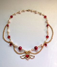 Red And Gold Beaded Necklace, Manhwa Necklace, Red And Gold Jewelry Aesthetic, Red Handmade Necklace, Red And Gold Necklace, Colar Aesthetic, Red Jewelry Aesthetic, Gold Jewellery Necklace