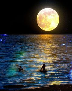 two people swimming in the ocean under a full moon