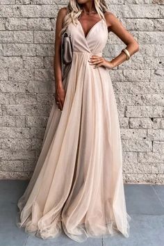 Sexy Formal Solid Mesh V Neck Evening Dress Dresses Beige Summer Prom Dress, Non-stretch Floor-length Evening Dress, Non-stretch Summer Wedding Dress, Dressy V-neck Dress For Banquet, Summer Wedding Non-stretch Dress, Sleeveless Beige Maxi Dress For Prom, Fitted Chiffon Backless Dress For Party, Backless Bridesmaid Dresses For Party Season, Chic Beige Prom Dress