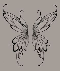 a drawing of two wings with black ink on a gray background, one is drawn by hand