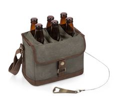 six beer bottles in an old - fashioned cooler bag with a carafe clip on the side