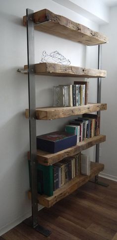 the bookshelf is made out of wood and metal