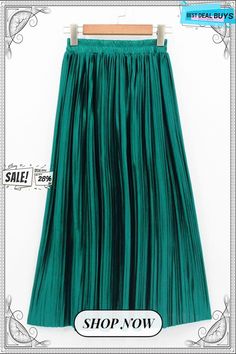 Metallic Pleated Maxi Skirts Green Midi Pleated Skirt For Party, Chic Green Pleated Maxi Skirt, Chic Green Pleated Skirt, High Waist Green Maxi Skirt For Party, Green Full Skirt For Party, Green Midi Skirt For Party, Green Fitted Pleated Skirt For Party, Solid Pleated Maxi Skirt For Party, Green Pleated Skirt For Party