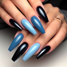 Black Nail Color Ideas, Blue And Black Acrylic Nails Designs, Dark Blue And Black Nails Acrylic, Cute Black And Blue Nails Ideas, Black And Blue Nails Acrylic Coffin, Ombre Black And Blue Nails, Blue Coffin Nail Ideas, Nails Black Coffin, Coffin Nails Black