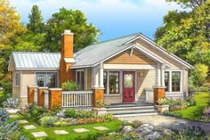 this is an artist's rendering of a small house with porches and steps