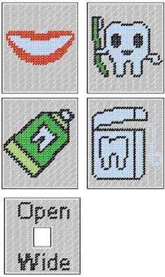 four different cross stitch pictures with the words open wide and an image of a toothbrush,