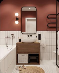 a bathroom with a sink, mirror and bathtub