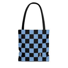 "This tote bag is quite practical and available in three sizes.  Its design provides a sense of style, whether hanging on the beach or out on the town.  The design features a checkered pattern, simulating a Chess board, with the iconic \"Buenos New Chess\" logo centered on a dark square on the lower right of each side. .: Black and Light Blue .: 100% Polyester .: Boxed corners .: Black cotton handles .: Black lining .: Printed on both sides Small:       Width - 3.14 in.  Length - 13 in.  Height How To Make Checkered Crochet Bag, Checkered Bag Crochet Pattern Free, Checker Crochet Bag, Crocheted Checkered Bag, Checkered Tote Bag, Chess Logo, Checkered Pattern, Chess, Chess Board