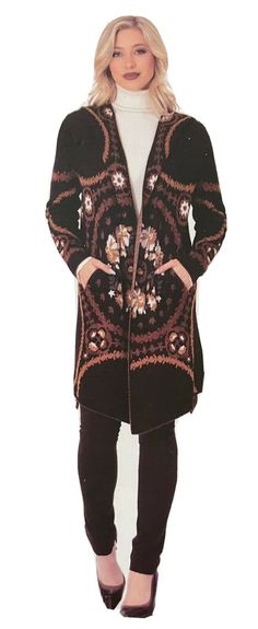 New Max Sport Black Cardigan Long Open Front Hooded with Pockets Floral Print Sweater Women's Size Large New With Tags. 50% Acrylic, 42% Nylon, 8% Wool. Hand Wash in cold water.  Flat dry. RN 142790, Retails for $368 Never worn, tags still attached, from a non smoking home. Brown Hooded Sweater Coat For Fall, Black Hooded Sweater Coat For Fall, Black Bohemian Sweater Coat For Winter, Black Bohemian Sweater Coat For Fall, Black Long Sleeve Bohemian Sweater Coat, Black Bohemian Long Sleeve Sweater Coat, Black Vintage Cardigan For Fall, Bohemian Hooded Sweater Coat For Fall, Bohemian Hooded Cardigan For Fall