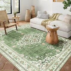 a living room filled with furniture and a green rug