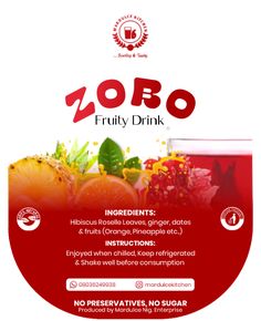 the label for zoro fruity drink, which contains oranges and raspberries