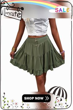 Green Buttoned Mid-waist A-line Mini Skirt Summer A-line Ruffled Skirt, Bohemian A-line Summer Bottoms, Casual Flowy A-line Mini Skirt, Casual A-line Mini Skirt For Summer, Casual A-line Flowy Mini Skirt, Summer A-line Skort, Green Flared Mini Skirt For Summer, A-line Summer Skort, Casual A-line Mini Skirt In Solid Color