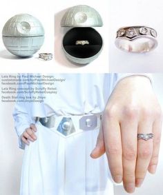 star wars wedding bands and rings are shown in this brochure, with the ring being held by someone's hand