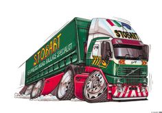 a drawing of a green and red semi - truck with the words trade subri ltd on it's side