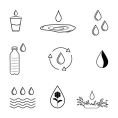 black and white icons depicting different types of water, including raindrops, sunflowers, leaves